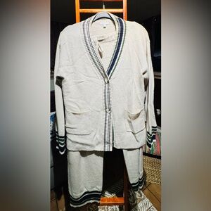 Cream  Cashmere Cardigan and Pants Set with Striped Trim